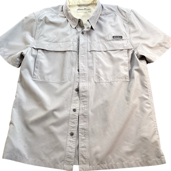 Eddie Bauer UPF50 Ripstop Guide Short Sleeve Button-Down Shirt Silver Grey FLAWS - Picture 1 of 16